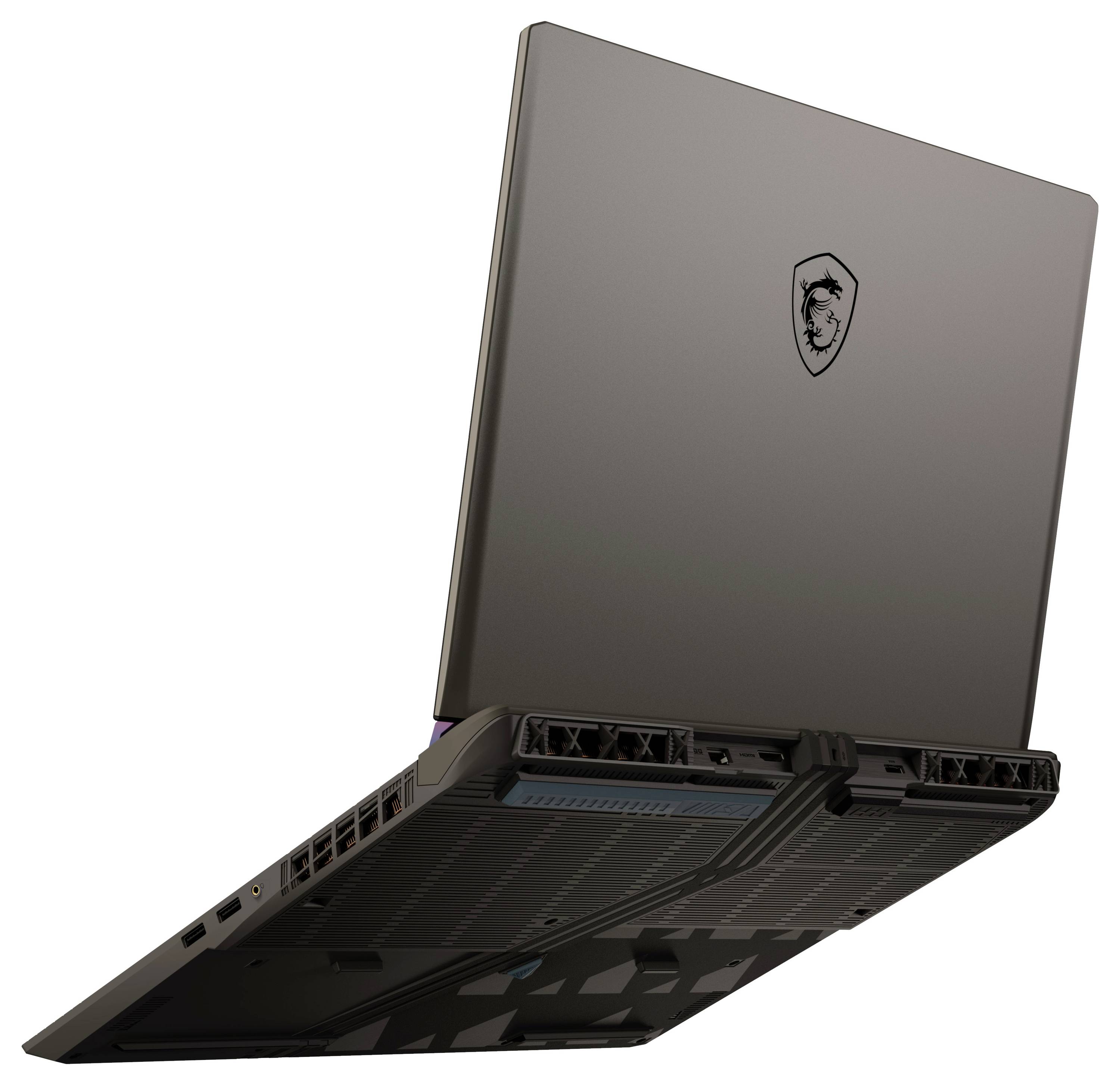 Ein schlanker Laptop, teilweise geöffnet, von hinten betrachtet. Der Deckel ist grau mit einem Drachen-Emblem. Lüftungsschlitze und Anschlüsse sind sichtbar und unterstreichen den gestalterischen Fokus.