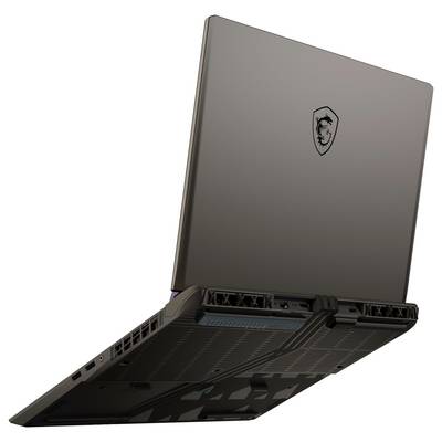 Ein schlanker Laptop, teilweise geöffnet, von hinten betrachtet. Der Deckel ist grau mit einem Drachen-Emblem. Lüftungsschlitze und Anschlüsse sind sichtbar und unterstreichen den gestalterischen Fokus.