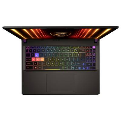 Ein Laptop mit geöffnetem Deckel, der eine farbenfrohe hinterleuchtete Tastatur zeigt. Die Tasten leuchten in einem Spektrum von Regenbogenfarben und verstärken damit eine Gaming-Ästhetik.