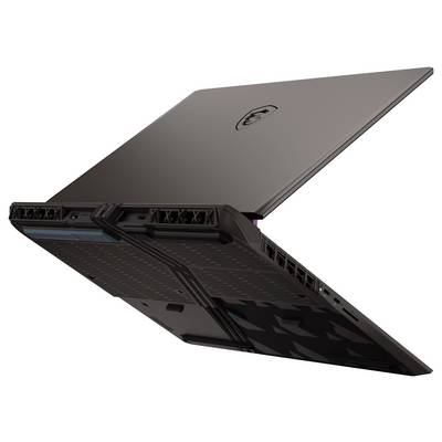 Ein schlanker, moderner Laptop mit schwarzer Außenseite und einem Logo auf dem Deckel, aufgenommen aus einem dynamischen Winkel, der sein dünnes Design hervorhebt.