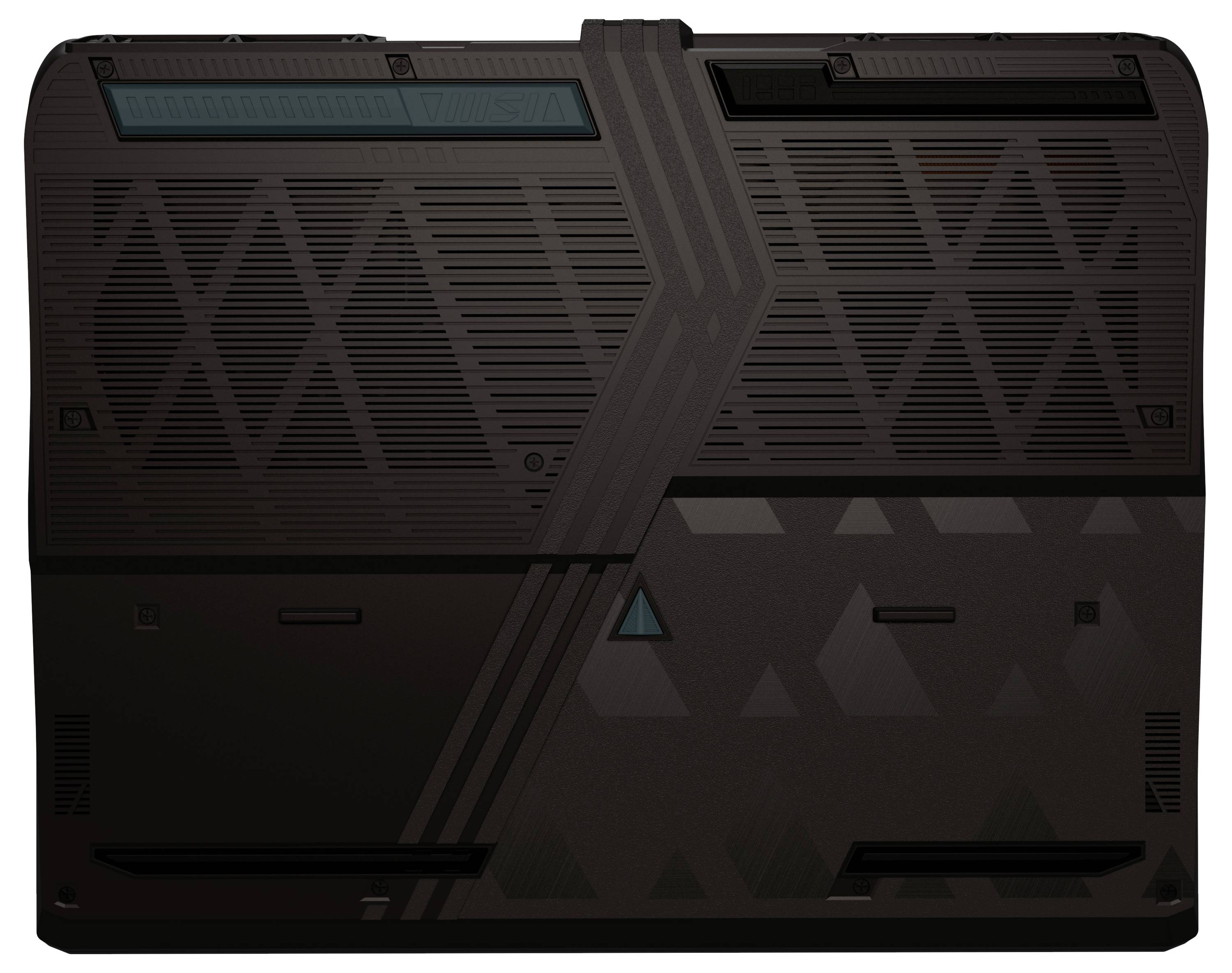 Eine dunkle, geometrische Gestaltung bedeckt die Unterseite des Laptops und umfasst eckige Ausschnitte und strukturierte Muster, die Kühlöffnungen und ästhetische Details andeuten.