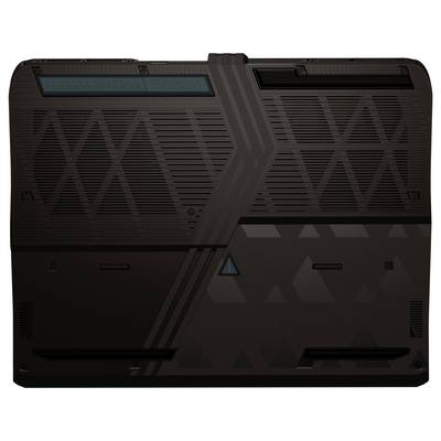 Eine dunkle, geometrische Gestaltung bedeckt die Unterseite des Laptops und umfasst eckige Ausschnitte und strukturierte Muster, die Kühlöffnungen und ästhetische Details andeuten.