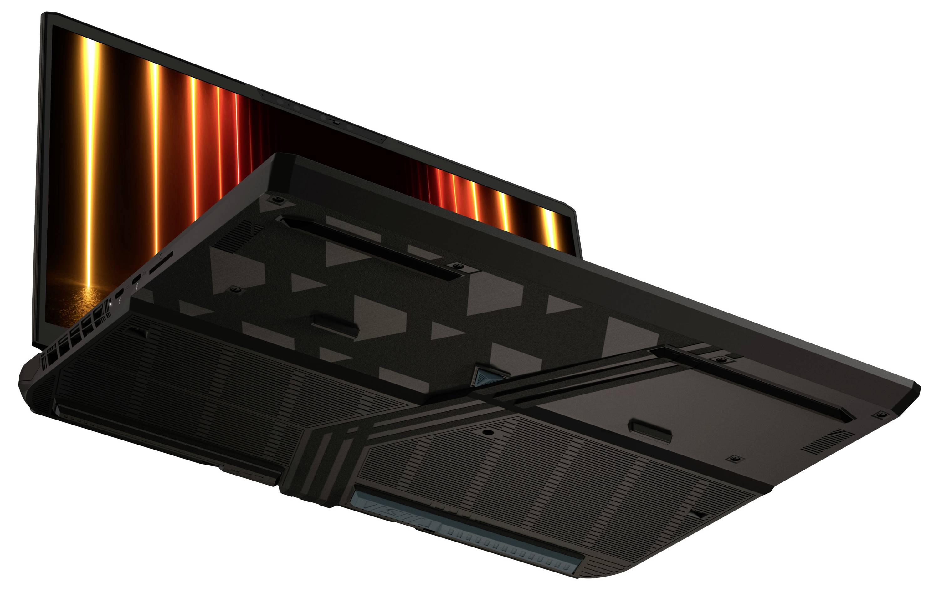 Ein Laptop, der geneigt ist und seine Unterseite mit einer belüfteten Konstruktion zeigt. Der Bildschirm präsentiert ein lebendiges, abstraktes Muster aus vertikalen orangefarbenen und roten Linien.