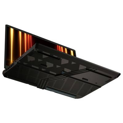 Ein Laptop, der geneigt ist und seine Unterseite mit einer belüfteten Konstruktion zeigt. Der Bildschirm präsentiert ein lebendiges, abstraktes Muster aus vertikalen orangefarbenen und roten Linien.
