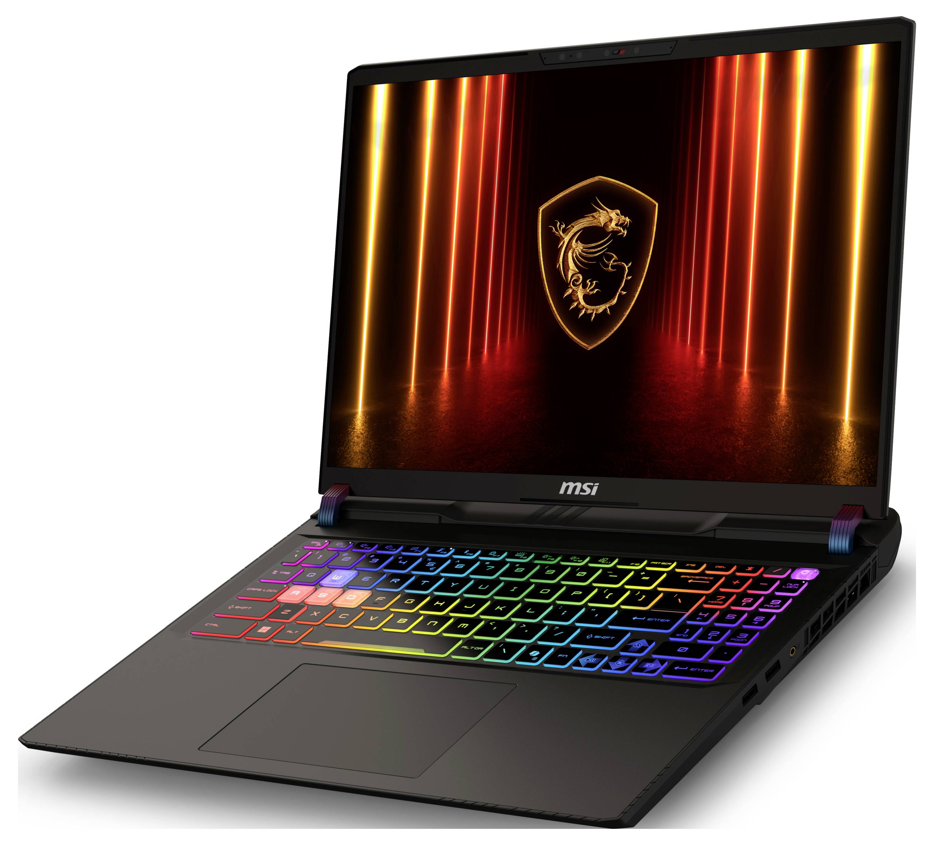 Ein Gaming-Laptop mit einer bunten RGB-Tastatur und einem beleuchteten Drachenlogo auf dem Bildschirm, vor einem dunklen Hintergrund mit orangefarbenen Lichtern.