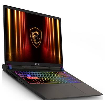 Ein schlanker Gaming-Laptop mit einer leuchtenden, mehrfarbigen Tastatur und einem prächtigen Drachen-Emblem auf dem Bildschirm vor einem orange-roten, lichtgestreiften Hintergrund.