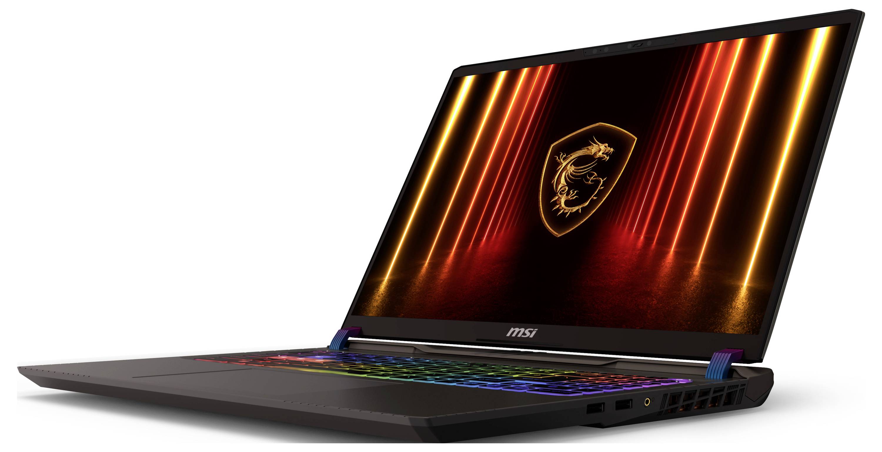 Ein Laptop mit einer bunten, leuchtenden Tastatur, auf dessen Bildschirm ein Drachenemblem zu sehen ist, vor einer Kulisse vertikaler orangefarbener Lichter.