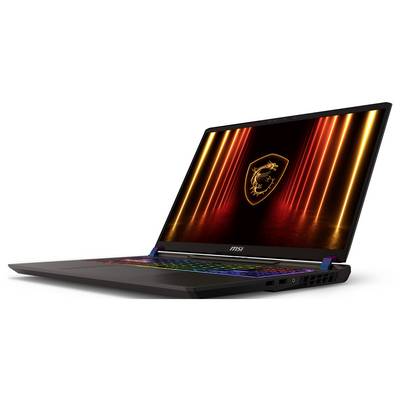 Ein Laptop mit einer bunten, leuchtenden Tastatur, auf dessen Bildschirm ein Drachenemblem zu sehen ist, vor einer Kulisse vertikaler orangefarbener Lichter.