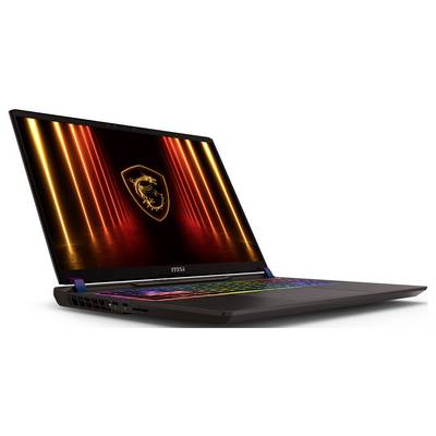Ein schwarzer MSI-Gaming-Laptop ist geöffnet und zeigt ein Drachen-Logo auf dem Bildschirm. Die Tastatur ist mit Mehrfarben-Hintergrundbeleuchtung ausgestattet.