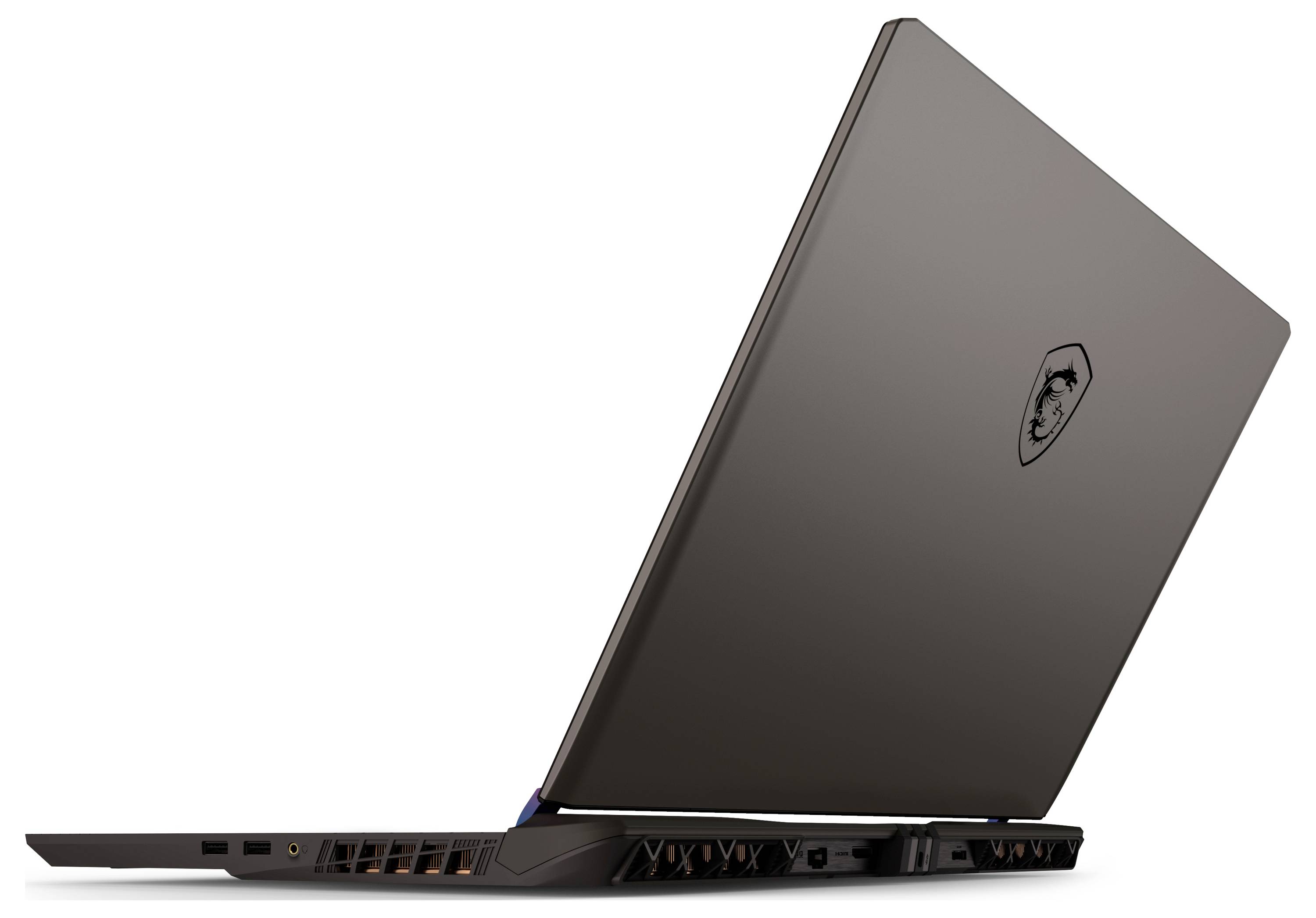 Ein schlanker schwarzer Laptop, halb geöffnet, der ein dünnes Profil und ein Emblem auf dem Deckel präsentiert.