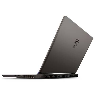 Ein schlanker schwarzer Laptop, halb geöffnet, der ein dünnes Profil und ein Emblem auf dem Deckel präsentiert.