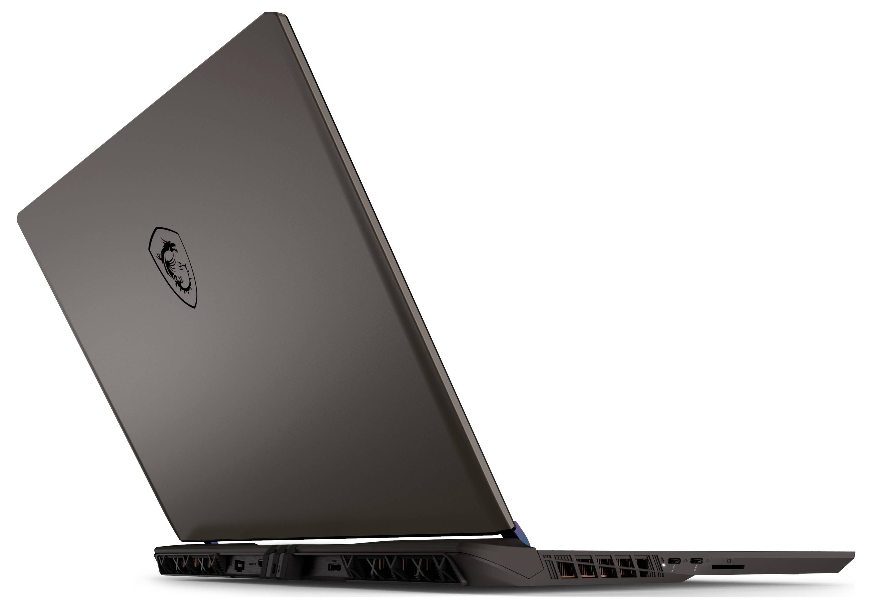 Ein schlankes, schwarzes Gaming-Laptop, von der Seite gezeigt, mit einem Logo auf dem Deckel und sichtbarer Belüftung am Heck.