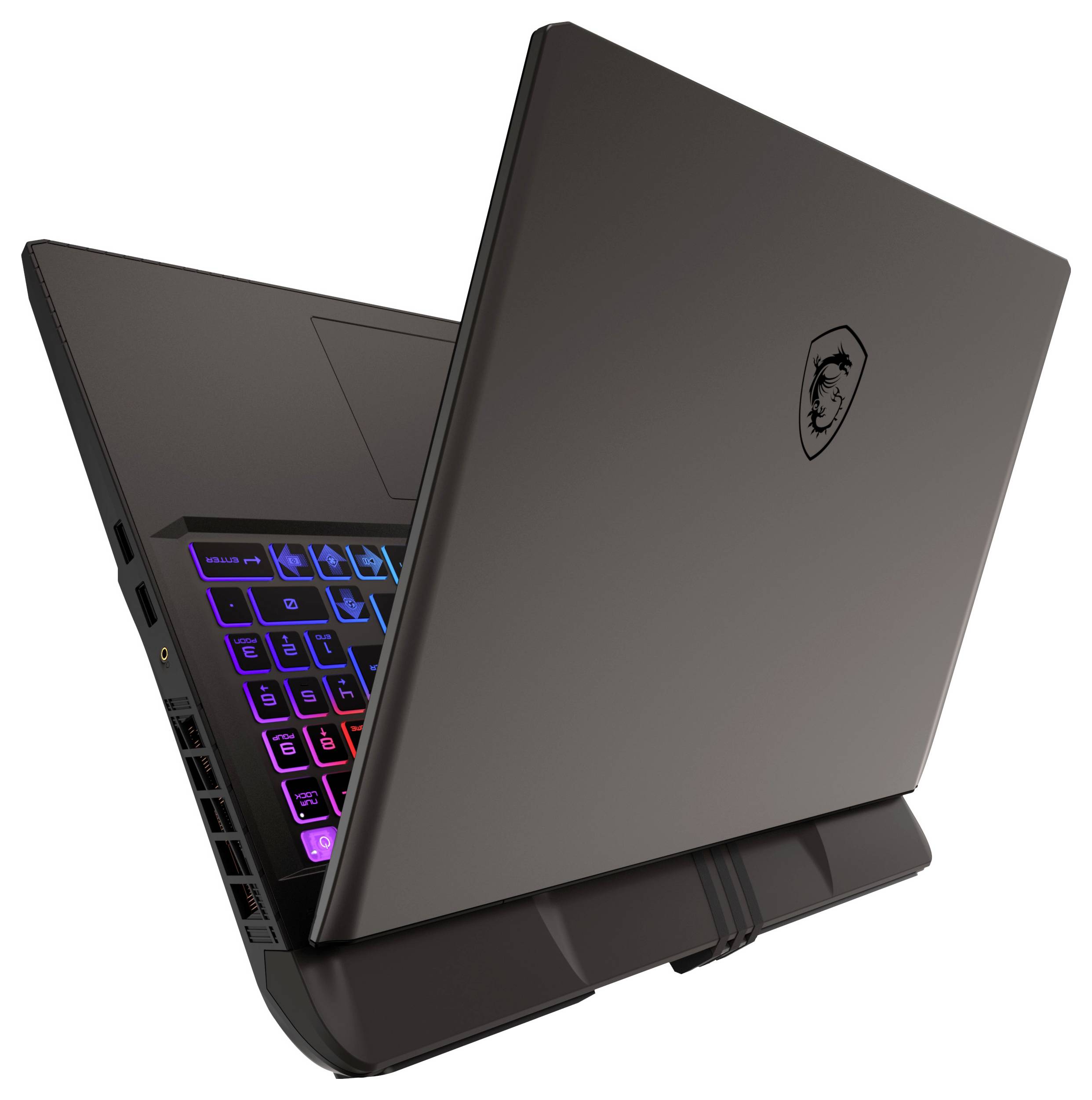 Ein Gaming-Laptop mit einer beleuchteten Regenbogen-Tastaturbeleuchtung, teilweise geöffnet. Der Laptop verfügt über ein prominentes Logo auf der Rückseite.