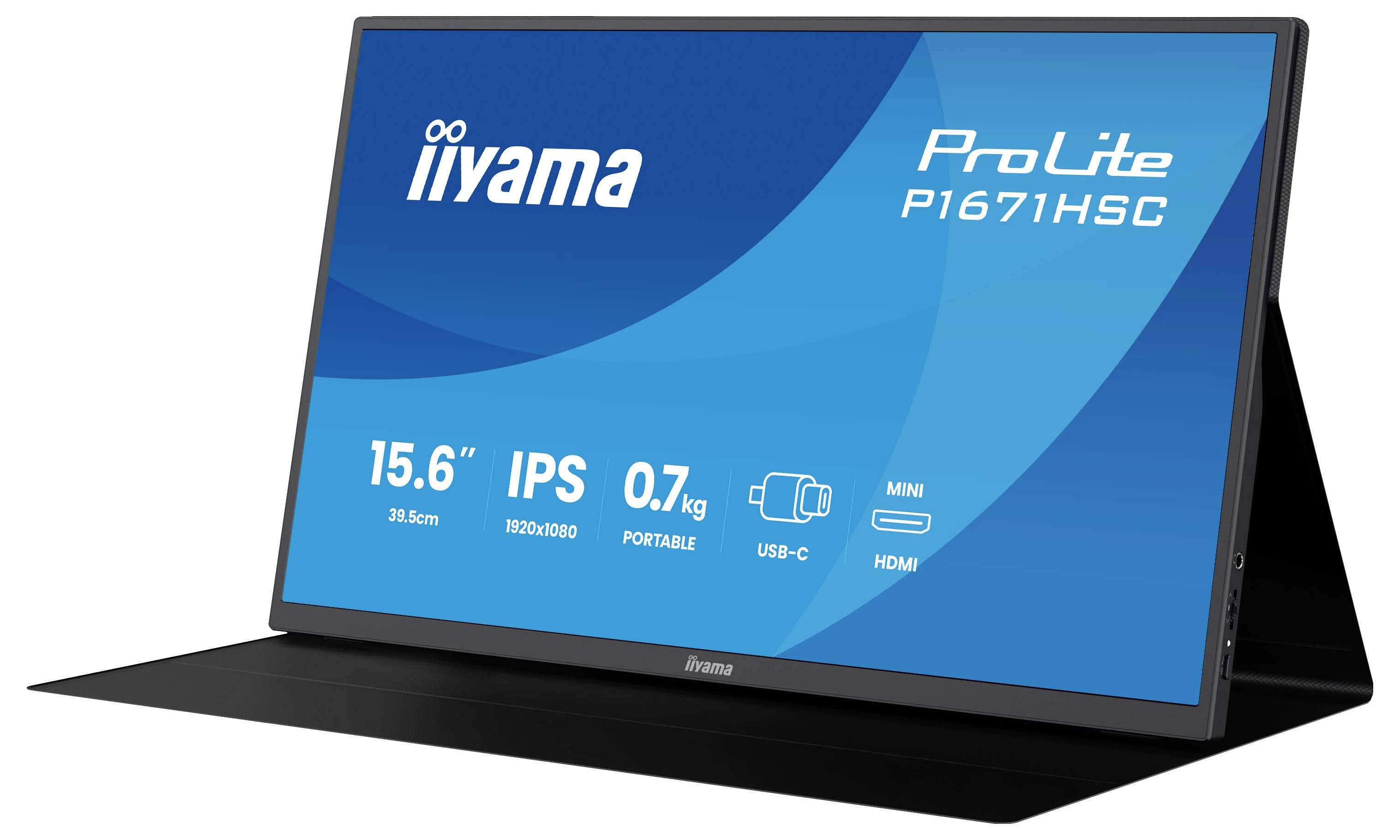 Ein 15,6-Zoll-tragbarer Monitor, der seine Funktionen präsentiert: IPS-Bildschirm, wiegt 0,7 kg, Auflösung von 1920x1080, USB-C, HDMI, Mini-Anschlüsse.