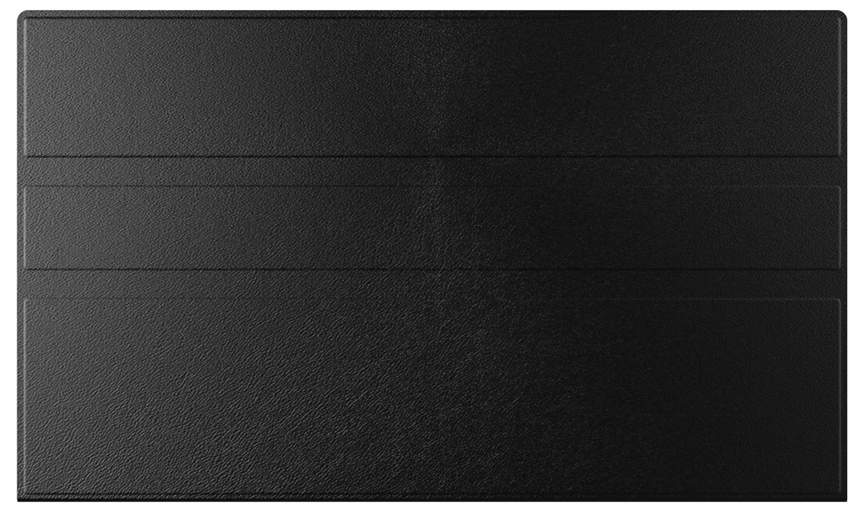 Ein schwarzes, lederartig strukturiertes rechteckiges Objekt mit drei horizontalen Einbuchtungen, möglicherweise der Einband eines Buches oder eine Tablethülle.