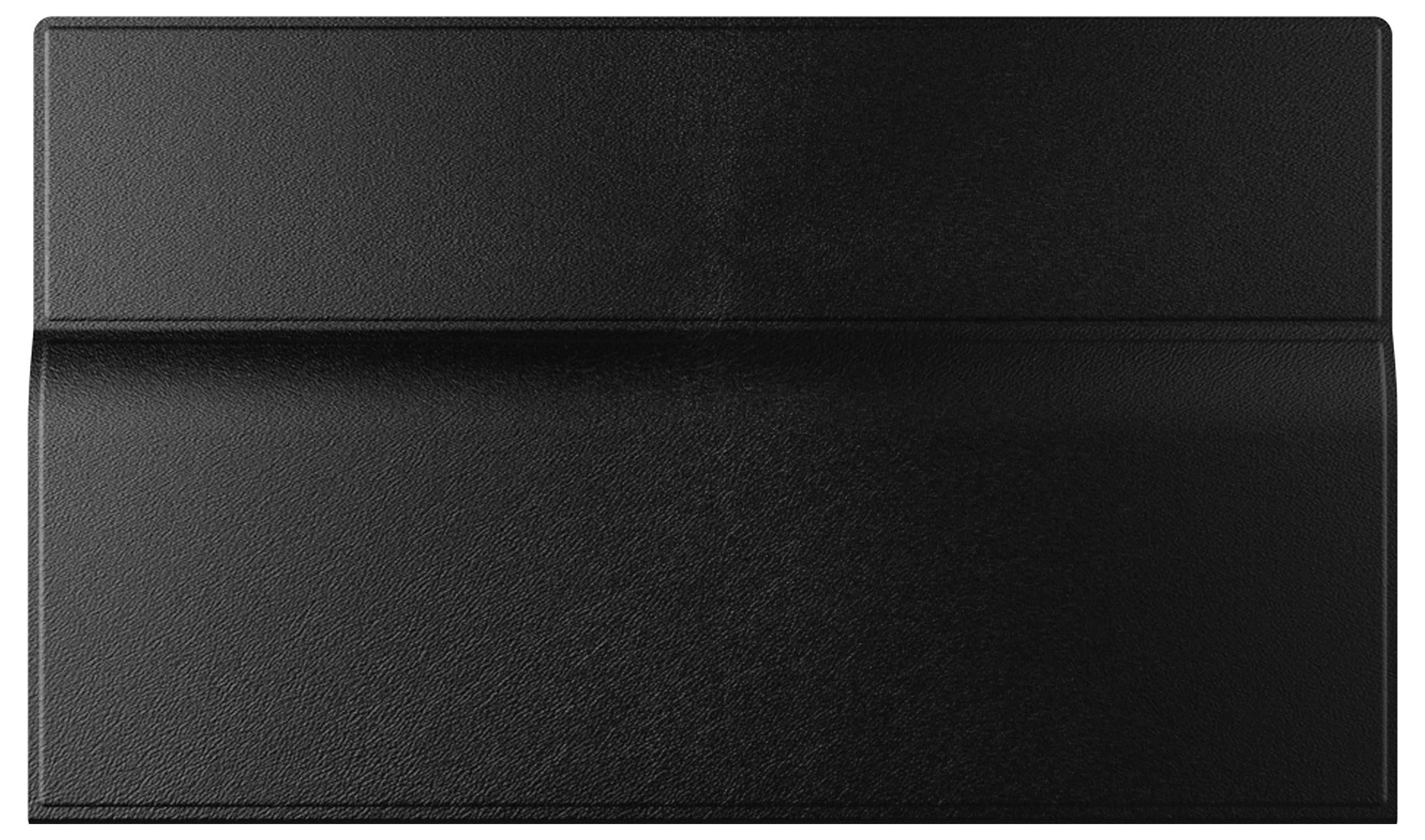 Eine geschlossene schwarze Buchhülle aus Leder mit einer horizontalen Naht in der Mitte, von oben betrachtet.