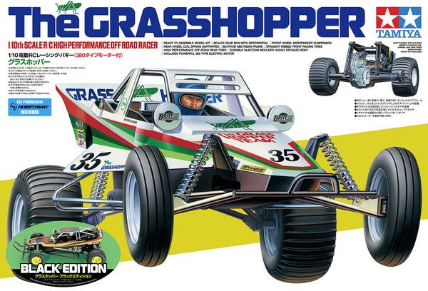 Tamiya RC The Grasshopper Black Edition  Brushed 1:10 RC Modellauto Elektro Buggy Heckantrieb (2WD) Bausatz 2,4 GHz Exklusiv Set