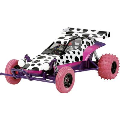 Ein ferngesteuertes Strandbuggy mit Polka-Dot-Muster, rosa und lila Akzenten und großen, knobbeligen rosa Hinterrädern, vor einem weißen Hintergrund präsentiert.