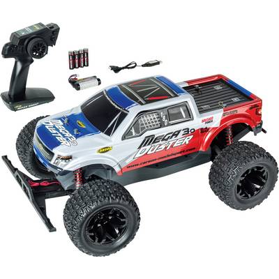 Ferngesteuerter Geländewagen mit zweifarbigem Design, großen Reifen sowie enthaltenem Funkfernsteuerungssender, wiederaufladbarer Batterie und Ladegerät.