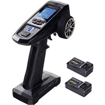 Fernbedienungsgerät mit digitaler Anzeige, Steuerungstasten und einem Lenkrad. Enthält zwei Batteriepackungen.