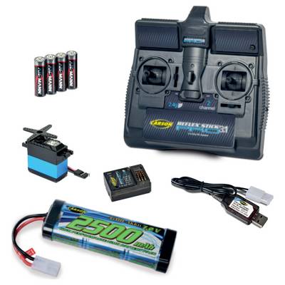Fernbedienungsset mit Sender, wiederaufladbaren Batterien, Empfänger, Ladegerät und Akkupack für RC-Fahrzeuge.