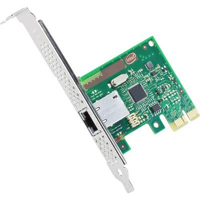 Eine Computernetzwerkkarte mit einer grünen Leiterplatte und einem Metallbügel, die einen Anschlussport und verschiedene elektronische Komponenten aufweist.