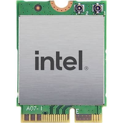 Intel Wi-Fi 6 AX200 Karte, zeigt eine grüne Leiterplatte mit einem silbernen Metallgehäuse mit der Aufschrift 'intel', entwickelt für drahtlose Konnektivität.