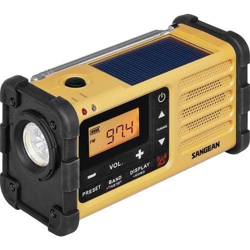 Sangean Outdoorradio AM, FM Notfallradio Taschenlampe, wiederaufladbar, Solarpanel Schwarz, Gelb
