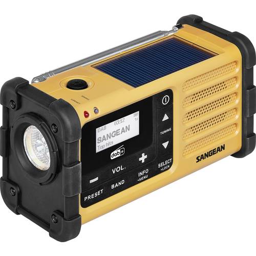 Sangean Outdoorradio DAB+, FM Notfallradio Taschenlampe, wiederaufladbar, Solarpanel Schwarz, Gelb
