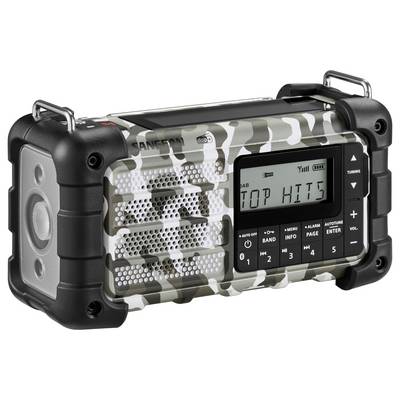 Ein robustes, mit Tarnmuster versehenes tragbares Radio mit digitaler Anzeige, auf der 'TOP HITS' zu lesen ist, umgeben von Tasten und Lautsprechern.