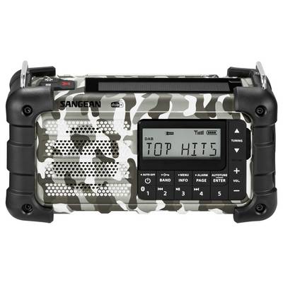 Tragbares robustes Radio mit Tarnmuster-Design, auf dessen Display "TOP HITS" angezeigt wird. Ausgestattet mit DAB-Tuner und verschiedenen Bedienungstasten.
