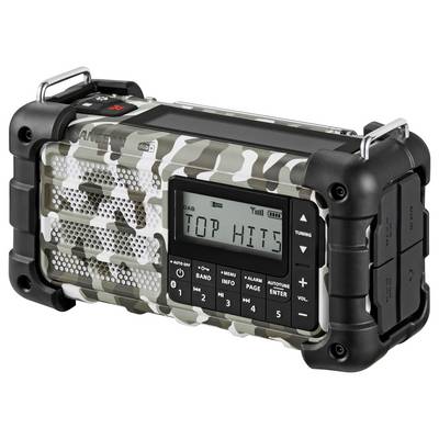 Ein robustes, getarntes digitales Radio mit der Anzeige 'Top Hits' auf dem Display, ausgestattet mit Tasten für Abstimmung, Bandauswahl und Audioeinstellungen.