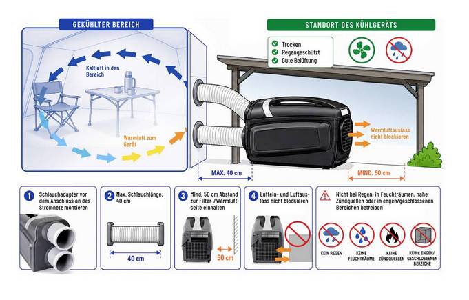 Infografik zur Installation eines mobilen Klimageräts: kühler Bereich, Abluftschlauch nach außen, Standort trocken und gut belüftet; Mindestabstände 40 cm seitlich und 50 cm nach oben, nicht blockieren, nicht im Regen.<br>