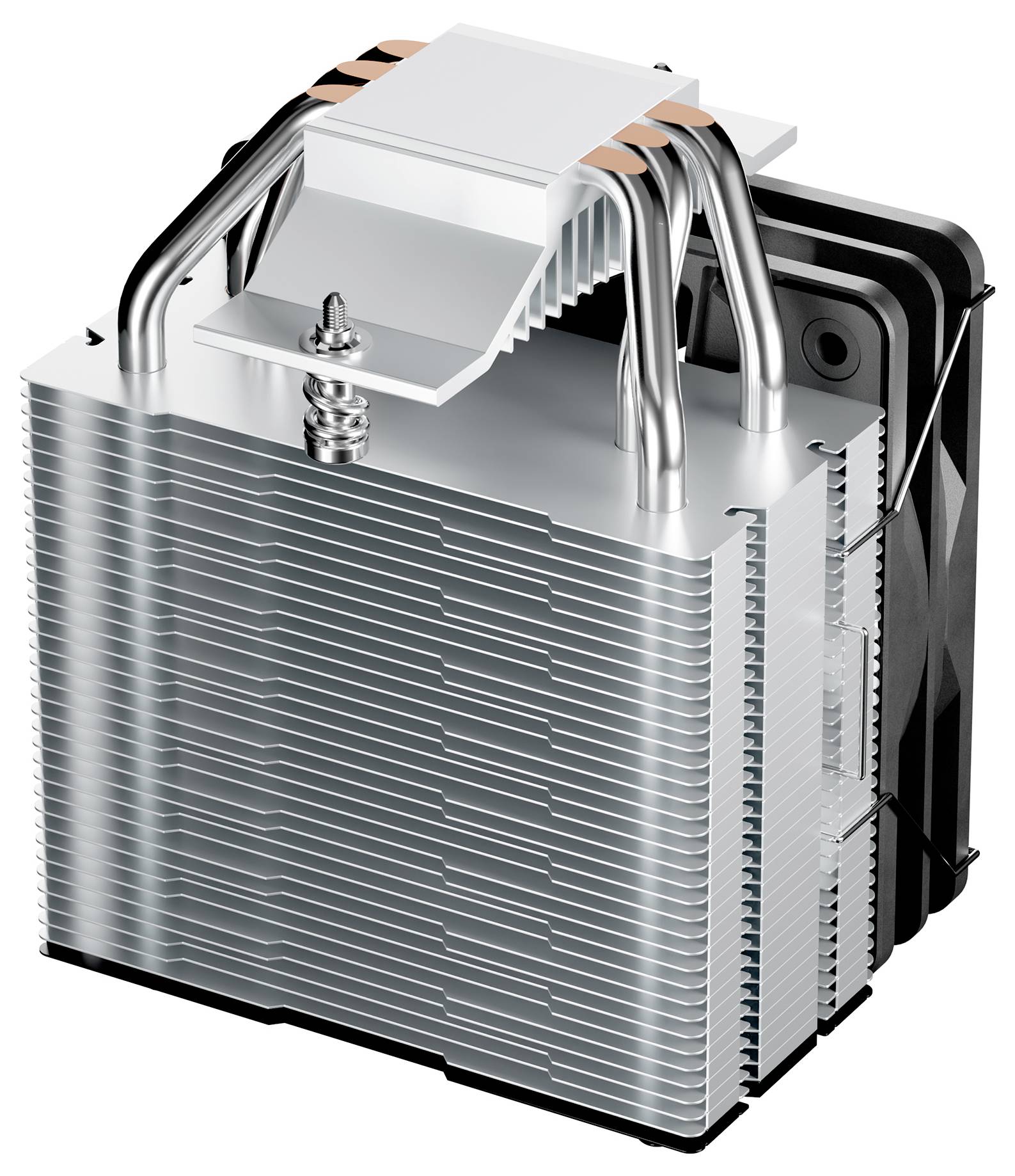 Ein Computer-CPU-Kühler mit Aluminiumlamellen und Heatpipes, der zur Wärmeableitung von einem Prozessor entwickelt wurde.