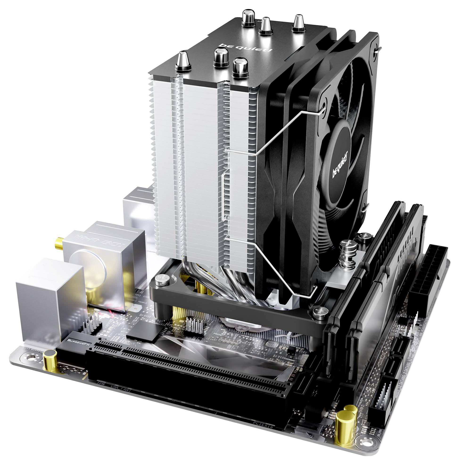 Eine Hauptplatine mit angebrachtem CPU-Kühler, der einen großen Kühlkörper und einen Lüfter aufweist. In der Nähe befinden sich verschiedene Anschlüsse und Steckplätze für Komponenten.