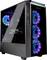 Ein Gaming-PC-Gehäuse mit Glasseite, das belechtete interne Komponenten zeigt und drei vorne montierte Kühlungslüfter mit bunten LED-Lichtern.