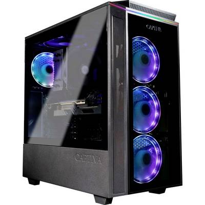 Ein Gaming-PC-Gehäuse mit RGB-Beleuchtung, die durch ein seitliches Glasfenster sichtbar ist. Enthält mehrere Kühlventilatoren mit bunten LED-Lichtern.