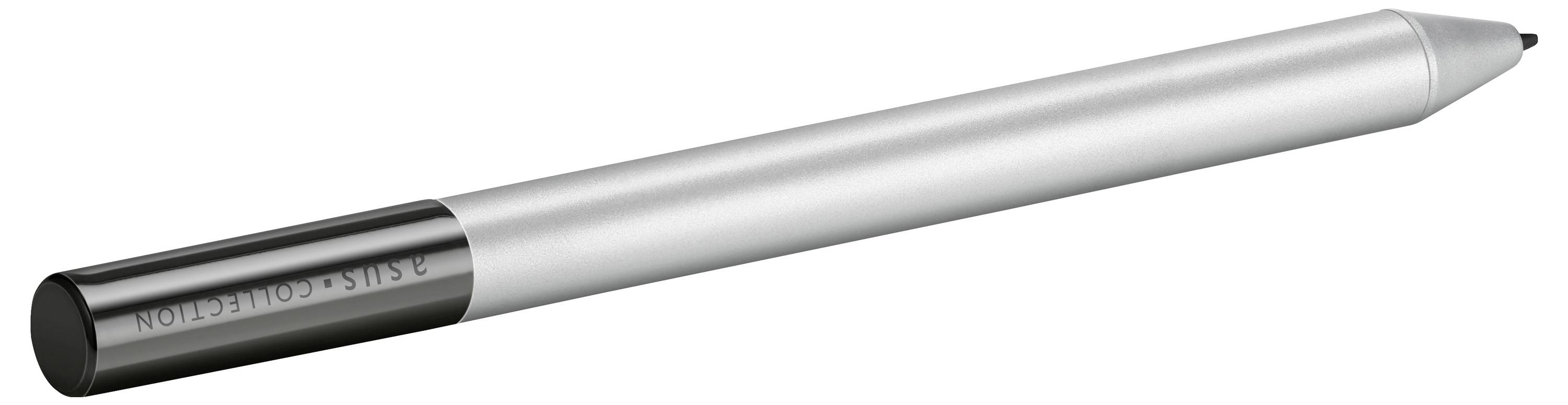 Ein schlanker silberner und schwarzer Stylus-Stift ruht in einer leichten Schräglage und präsentiert seine zylindrische Form und spitze Spitze.