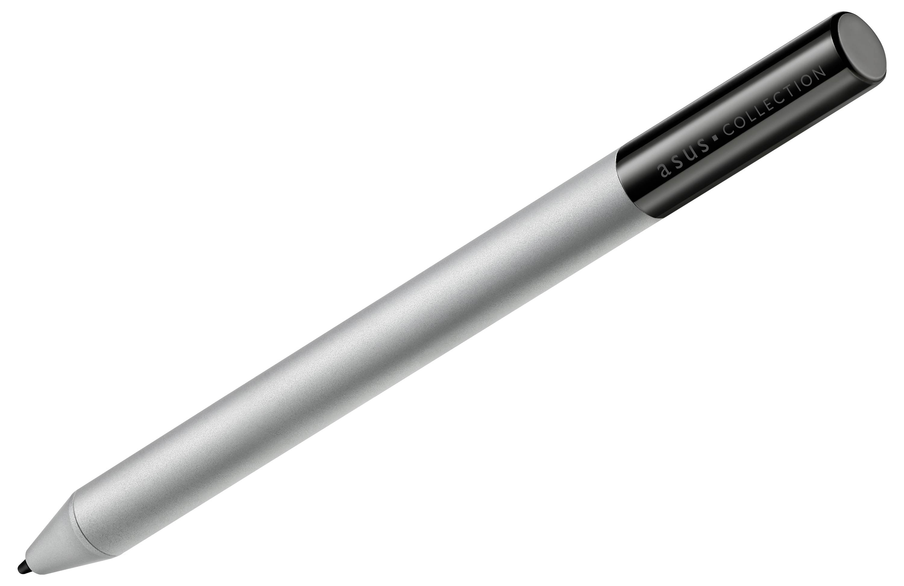Ein Stylus-Stift mit einem metallisch silbernen Gehäuse und einer schwarzen Kappe, auf der "ASUS Collection" aufgedruckt ist.