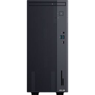 Ein schwarzer Desktop-Computerturm mit vertikalen Rillen, USB-Anschlüssen, einem Einschaltknopf und ASUS-Branding auf dem Frontpanel.