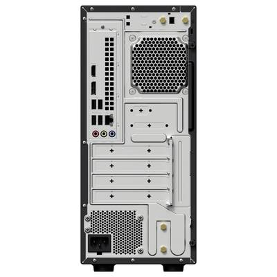 Rückseite eines Computergehäuses mit verschiedenen Anschlüssen, darunter HDMI, USB und Audioausgänge, mit Lüftungsschlitzen und Erweiterungssteckplätzen.