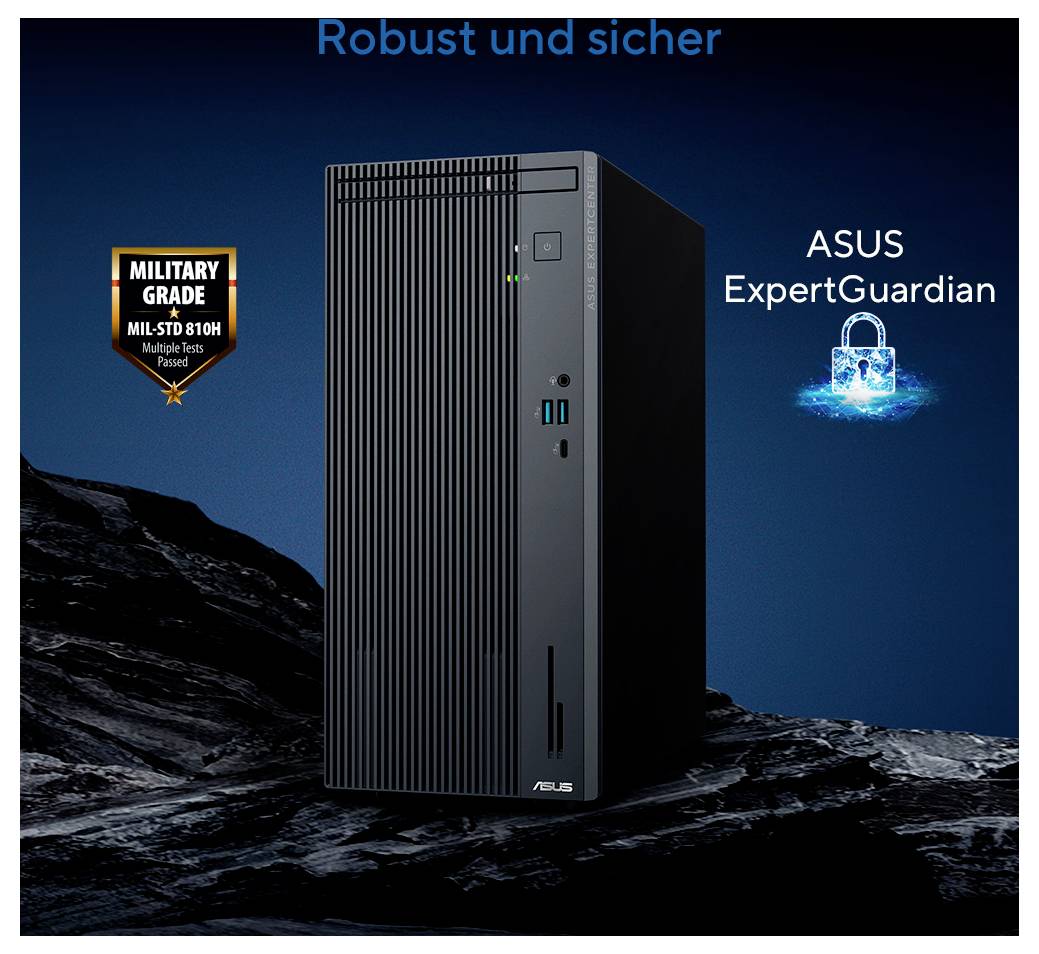 Ein schwarzer ASUS-Desktop-Tower mit dem Titel 'ASUS ExpertGuardian' auf einer felsigen Oberfläche mit einem Schloss-Symbol; beschriftet mit 'Robust und sicher' und 'MILITÄRISCHE QUALITÄT'.