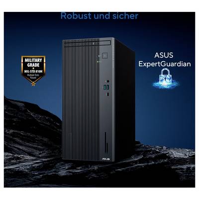 Ein schwarzer ASUS-Desktop-Tower mit dem Titel 'ASUS ExpertGuardian' auf einer felsigen Oberfläche mit einem Schloss-Symbol; beschriftet mit 'Robust und sicher' und 'MILITÄRISCHE QUALITÄT'.