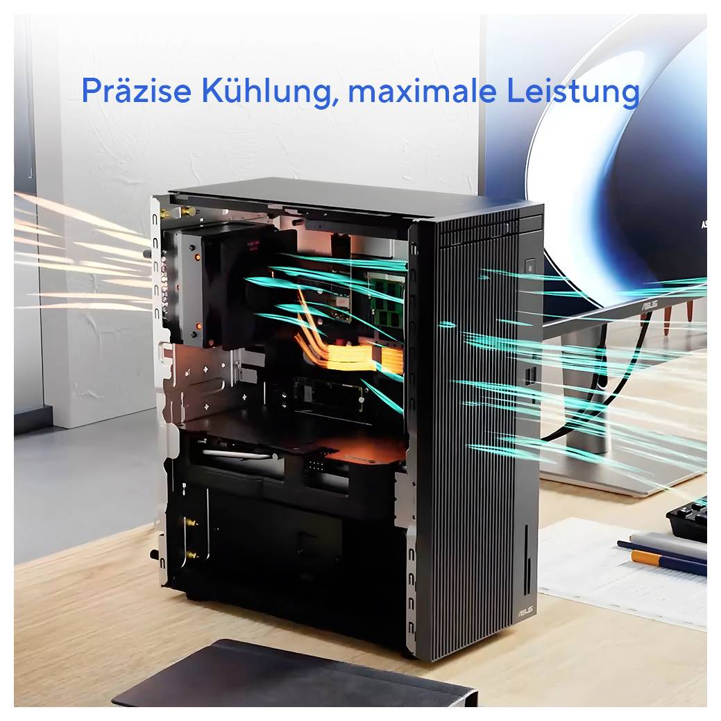 Ein Computer mit geöffnetem Seitenpanel, in dem Luftströmungslinien im Inneren sichtbar sind und die Kühlungseffizienz veranschaulichen. Text auf Deutsch lautet: 'Präzise Kühlung, maximale Leistung'.