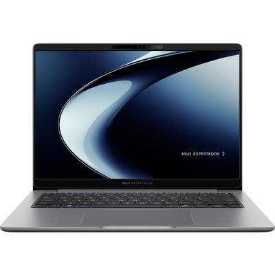 Ein schlankes Laptop, das ein dunkles abstraktes Design auf dem Bildschirm mit dem Text "ASUS ExpertBook" zeigt. Das Gerät ist geöffnet und zeigt eine Tastatur.