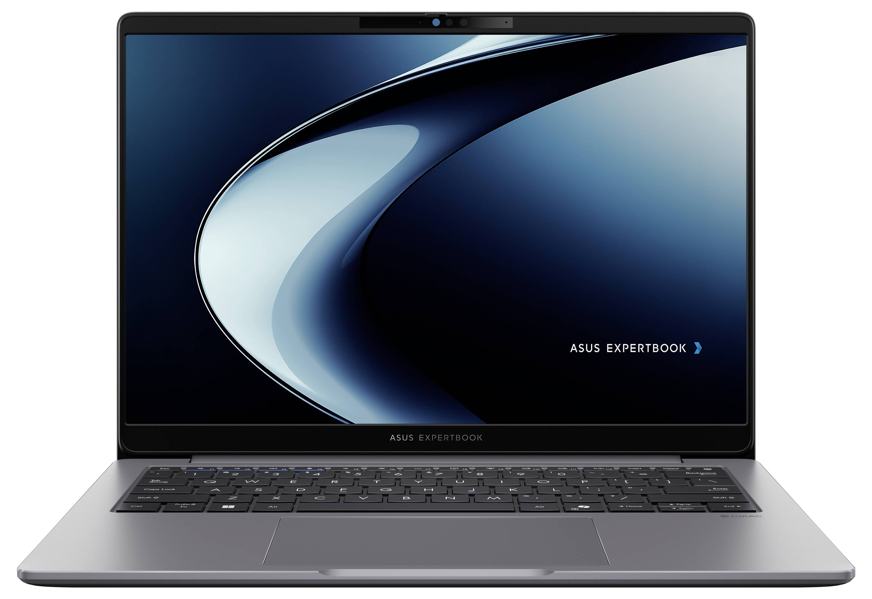 Ein schlankes Laptop, das ein dynamisches blaues und schwarzes abstraktes Design auf dem Bildschirm zeigt, mit dem Text „ASUS ExpertBook".