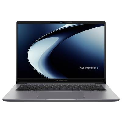 Ein schlankes Laptop, das ein dynamisches blaues und schwarzes abstraktes Design auf dem Bildschirm zeigt, mit dem Text „ASUS ExpertBook".