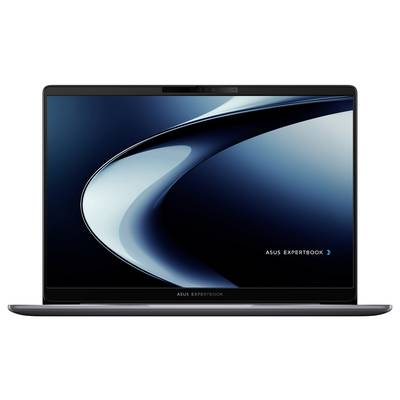 Ein Laptop, der ein blaues abstraktes Design auf seinem Bildschirm zeigt, mit dem Logo "Asus ExpertBook" in der Ecke.