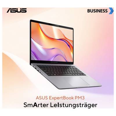 ASUS ExpertBook PM3 Laptop von der Seite gezeigt mit hellem Bildschirm und elegantem Design. Text: 'Smarter Leistungsträger.'