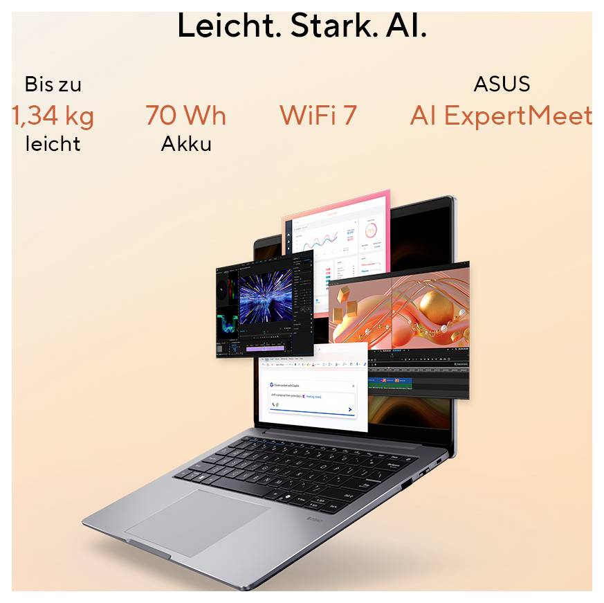 Ein Laptop mit schwebenden Bildschirmen zeigt digitale Inhalte. Der Text liest sich „Leicht. Stark. AI." und hebt Funktionen hervor wie „Bis zu 1,34 kg leicht", „70 Wh Akku", „WiFi 7", „ASUS AI ExpertMeet".